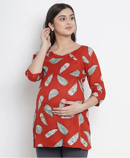 Mine4Nine Leaves Print Full Sleeves Maternity Top - Red