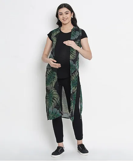 Mine4Nine Leaves Print Sleeveless Maternity Shrug - Black