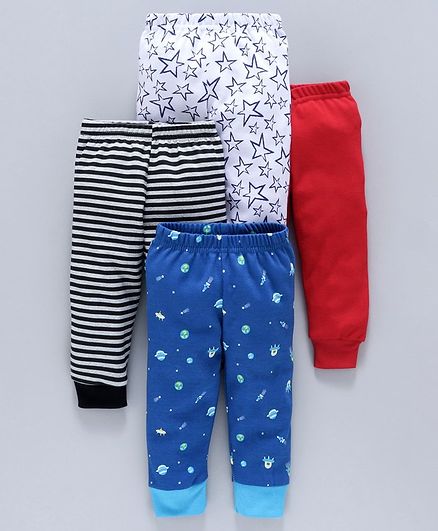Kidi Wav Planets Printed Pack Of 4 Full Length Elasticated Pants - Blue White & Red