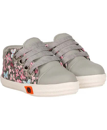 Buckled Up Flower Print Lace Up Shoes - Grey