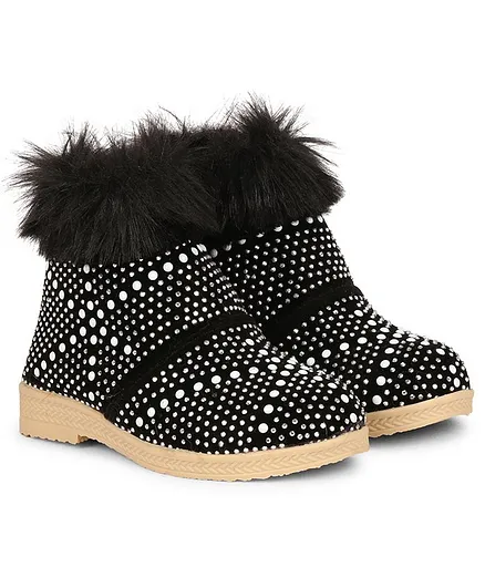 Buckled Up Stone Beads & Fur Boots - Black