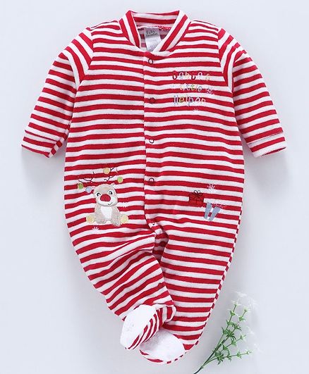 Kookie Kids Full Sleeves Striped Footed Romper Reindeer Patch - Red