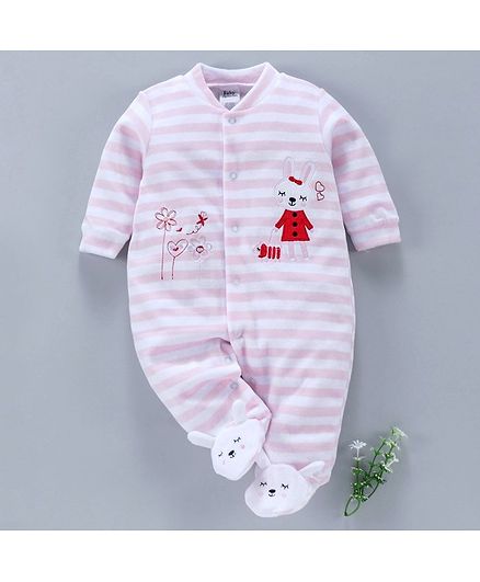 Kookie Kids Full Sleeves Striped Footed Romper Bunny Patch - Light Pink