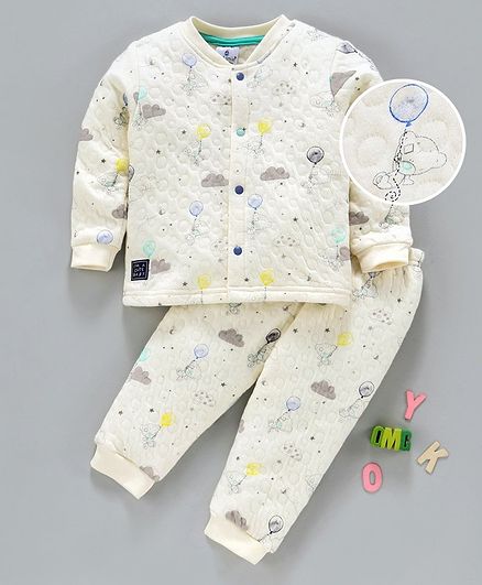First Smile Full Sleeves Winter Wear Quilted Night Suit Animal Print - Cream