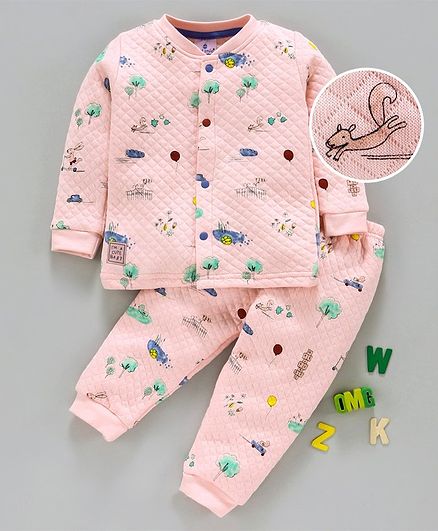 First Smile Full Sleeves Winter Wear Quilted Night Suit Animal Print - Peach