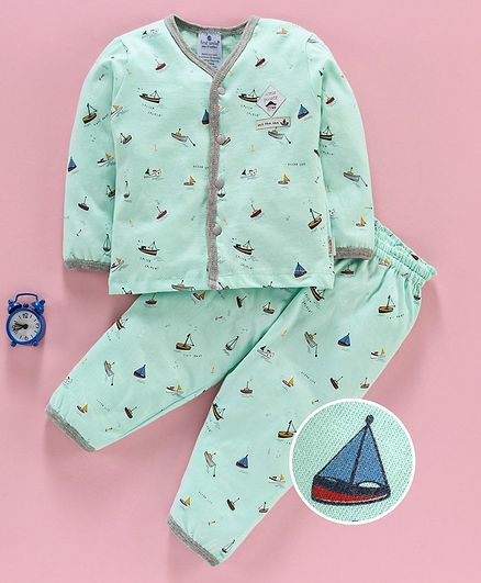 First Smile Full Sleeves Night Suit Boat Print - Sea Green