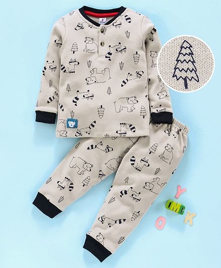 Ollypop Full Sleeves Winter Wear Night Suit Polar Bear Print - Grey