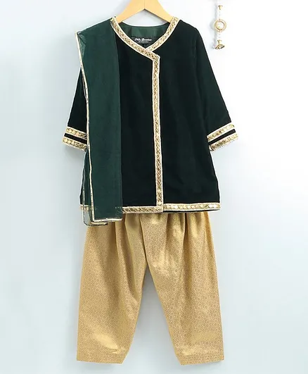 Neha Gursahani Lace Attached Velvet Full Sleeves Angarkha Kurta With Brocade Salwar & Dupatta - Green