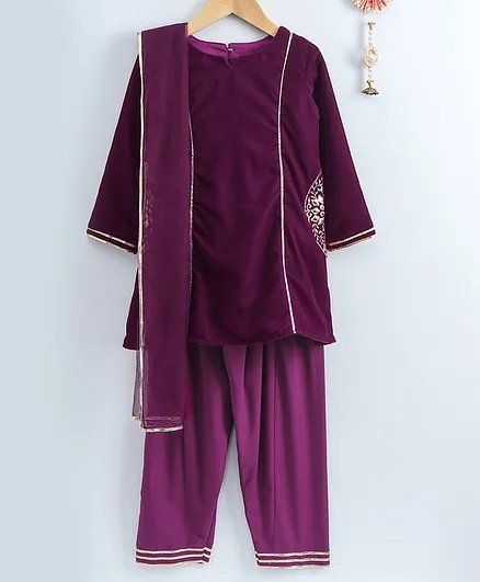 Neha Gursahani Embroidered Velvet Full Sleeves Kurta With Salwar & Dupatta - Purple
