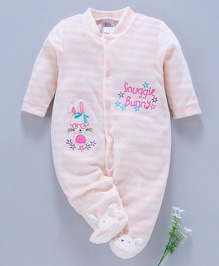Kookie Kids Full Sleeves Footed Romper Bunny Patch - Light Pink