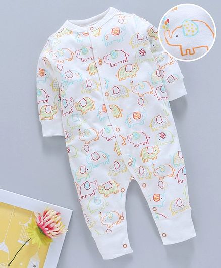 Kookie Kids Full Sleeves Romper Elephant Print - White