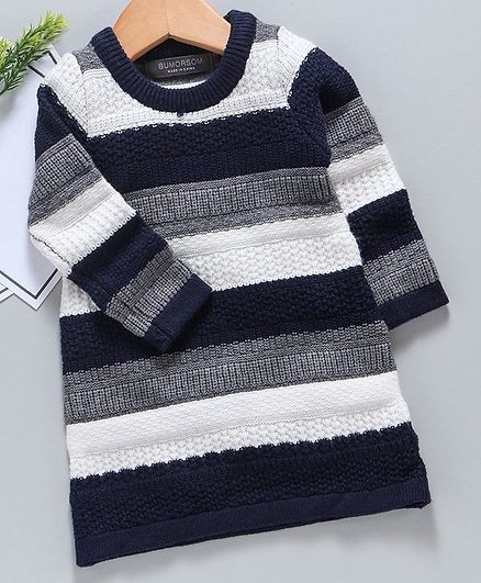 Kookie Kids Winter Wear Full Sleeves Frock Striped Design - Navy Blue