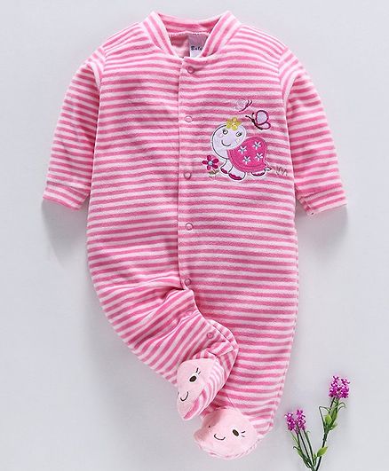 Kookie Kids Full Sleeves Footed Striped Romper Tortoise Patch - Pink