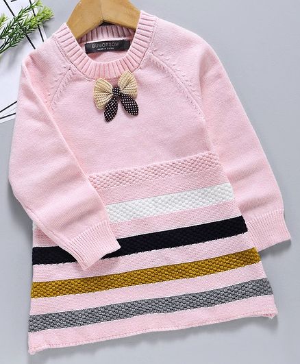 Kookie Kids Winter Wear Full Sleeves Striped Frock Bow Applique - Pink