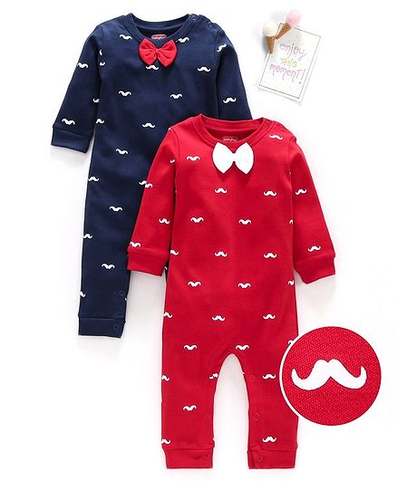 Babyhug 100% Cotton Full Sleeves Romper Moustache Print Pack of 2 - Red Navy Blue