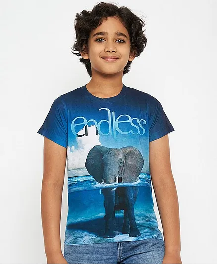 Wear Your Mind Half Sleeves Elephant Print Tee - Blue