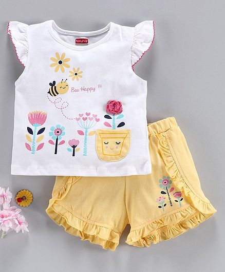 Babyhug Flutter Sleeves Top & Shorts Set Floral Print - White Yellow