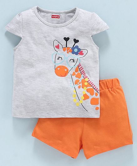 Babyhug Cap Sleeves Tee and Shorts Graphic Print - Orange Grey