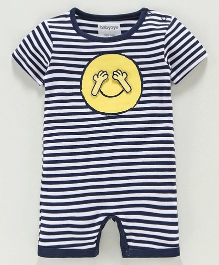 Babyoye Half Sleeves Striped Romper Smiley Patch - Navy Blue
