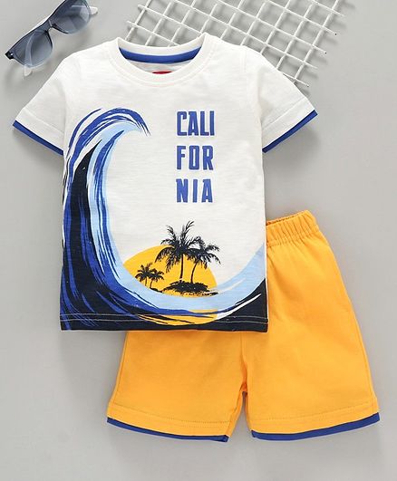 Babyhug Half Sleeves Tee with Shorts California Print - White Yellow