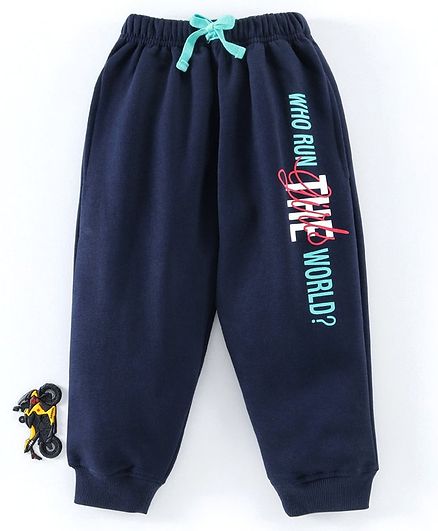 Doreme Full Length Fleece Bottoms Text Print - Navy Blue