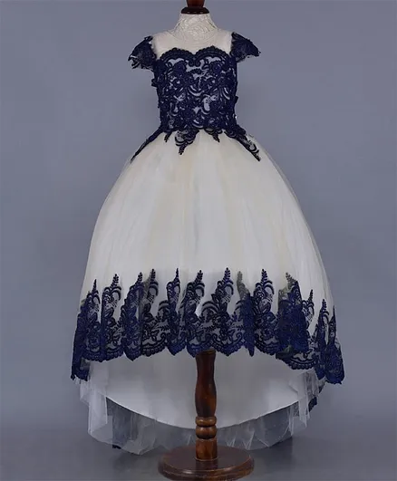 WhiteHenz Clothing Flower Embroidered High Low Darcy Cap Sleeves Dress - Cream & Blue