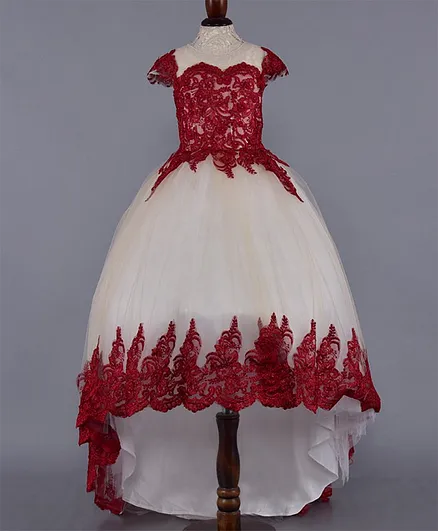 WhiteHenz Clothing Flower Embroidered High Low Darcy Cap Sleeves Dress - Cream & Red