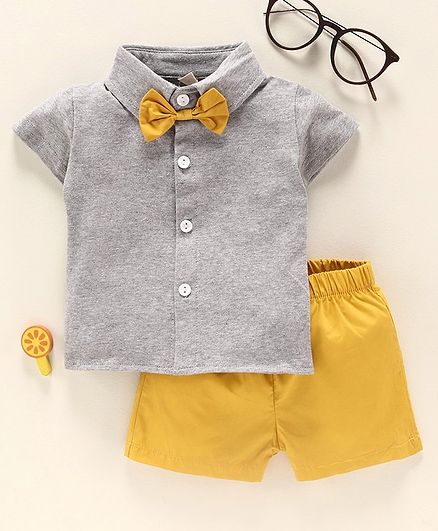 Kookie Kids Half Sleeves Tee & Shorts With Bow - Grey Yellow