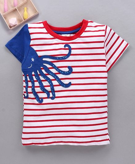 Kookie Kids Half Sleeves Striped Tee Octopus Patch - Red Blue