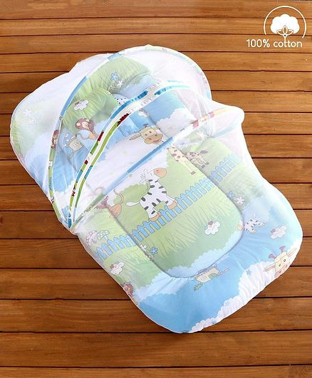 Babyhug 100 % Cotton Bedding Set with Mosquito Net Jungle Print - Blue