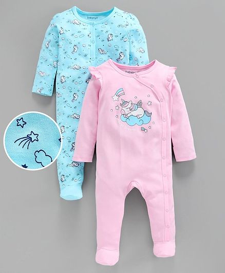 Babyoye Full Sleeves Footed Cotton Sleep Suit Unicorn Print - Blue Pink