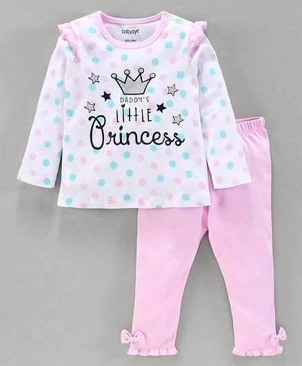 Babyoye Full Sleeves Top & Bottom Set Crown Print - Pink White