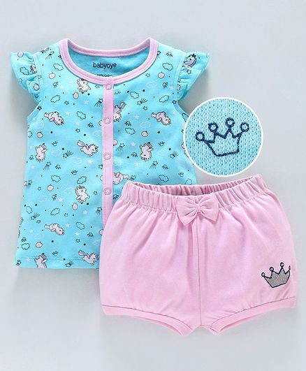 Babyoye Short Sleeves Top & Shorts Set Multi Print - Blue Pink