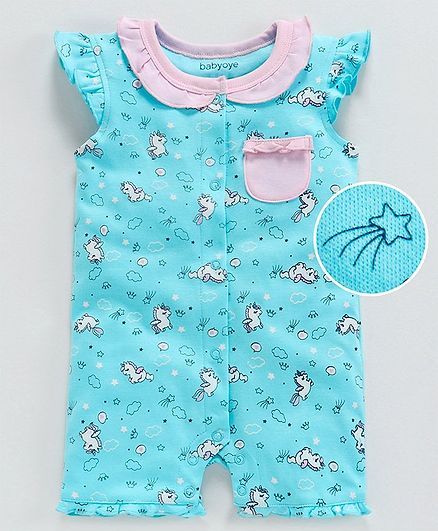 Babyoye Flutter Sleeves Cotton Romper Unicorn Print - Teal Blue