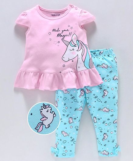 Babyoye Cap Sleeves Cotton Top & Bottom Unicorn Print - Pink Blue