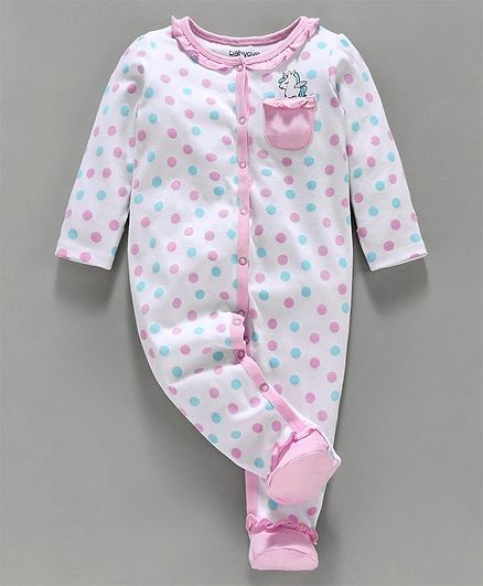 Babyoye Cotton Full Sleeves Sleepsuit Unicorn Print - White