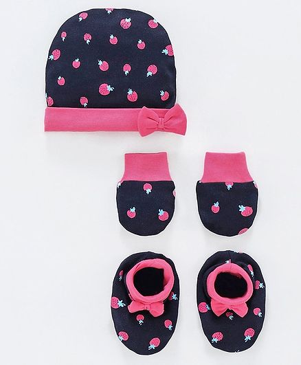 Babyoye Cap Mittens & Booties Set Strawberry Print - Blue