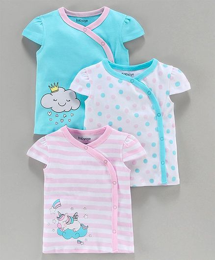 Babyoye Cap Sleeves Vests Printed & Striped Pack of 3 - Blue Pink White