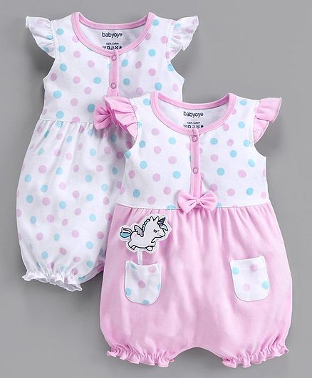 Babyoye Cap Sleeves Romper Polka Dot Print Pack of 2 - Pink