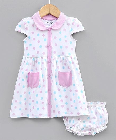 Babyoye Cotton Cap Sleeves Frock with Bloomer Polka Dot Print - White