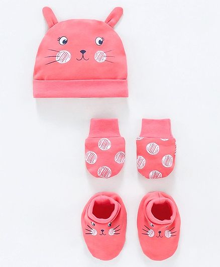 Babyoye Cap, Mittens & Booties Set Polka Print - Pink