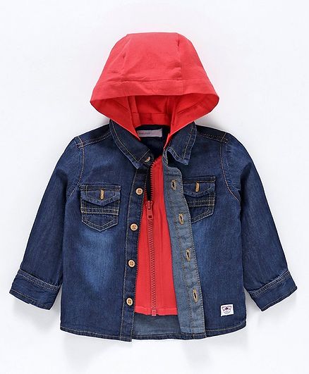 Babyoye Full Sleeves Layered Cotton Shirt with Detachable Hood - Mid Washed Blue