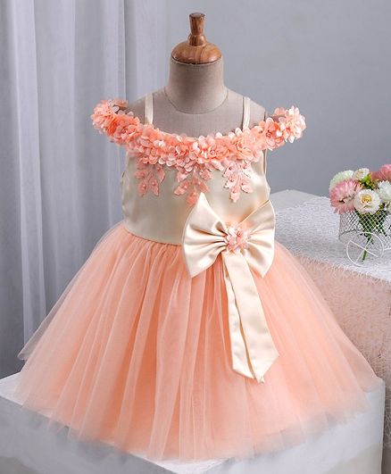 Bluebell Sleeveless Frock Floral Embellished & Bow Motif - Peach