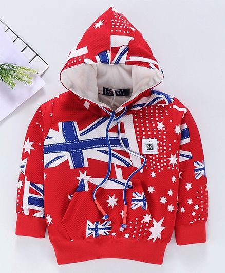 Noddy Full Sleeves Flag Printed Hoodie - Red