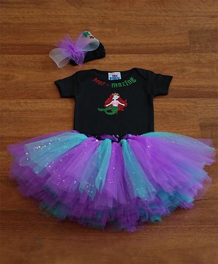TINY MINY MEE Glitter Mermaid Printed Half Sleeves Onesie With Tutu Skirt & Bow Headband - Black & Purple