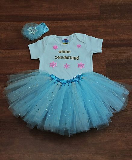 TINY MINY MEE Snowflakes Printed Half Sleeves Onesie With Tutu Skirt & Bow Headband - White & Blue