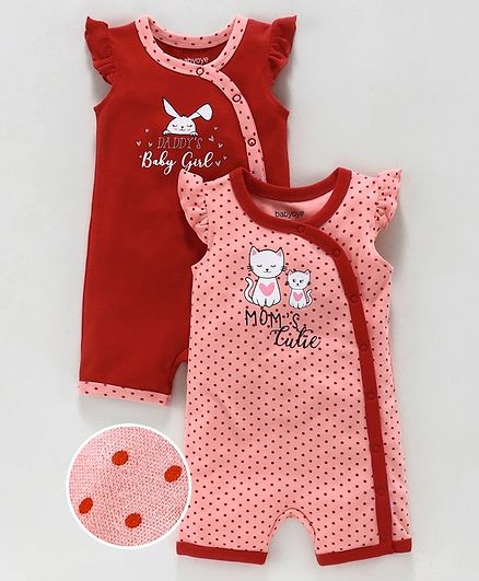 Babyoye Flutter Sleeves Printed Cotton Rompers Pack of 2 -Red Pink