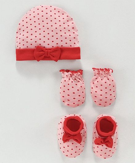 Babyoye Cotton Cap Mittens & Booties Set Dots Print - Light Red