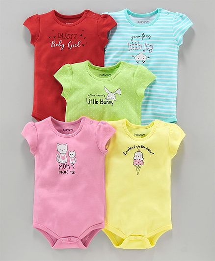 Babyoye Cotton Onesie Text Print Pack of 5 - Red Green