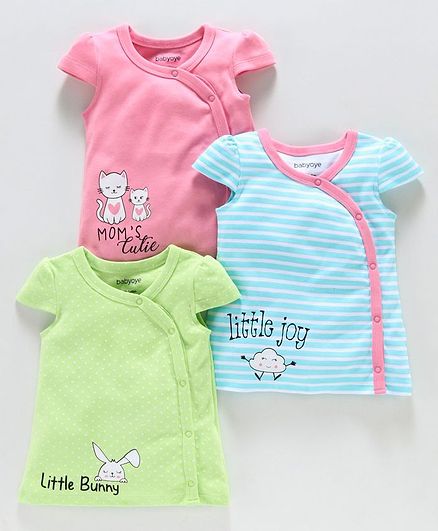 Babyoye Cotton Short Sleeves Vests Pack of 3 - Pink Blue Light Green